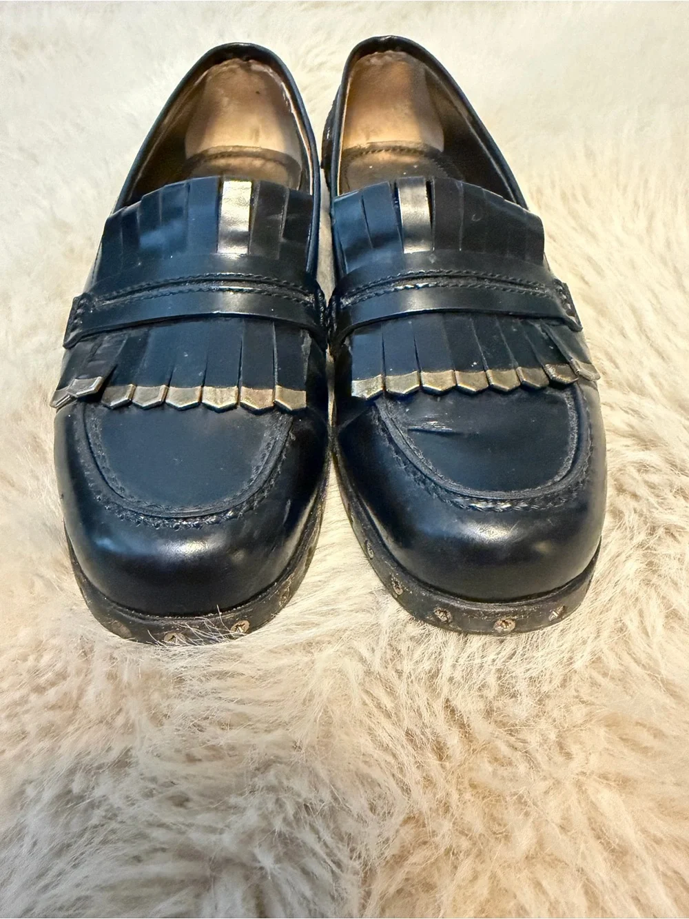 LANVIN Black Leather Tassel Loafers with Gold Stud Accents LUXURY Sz 39 (8.5)